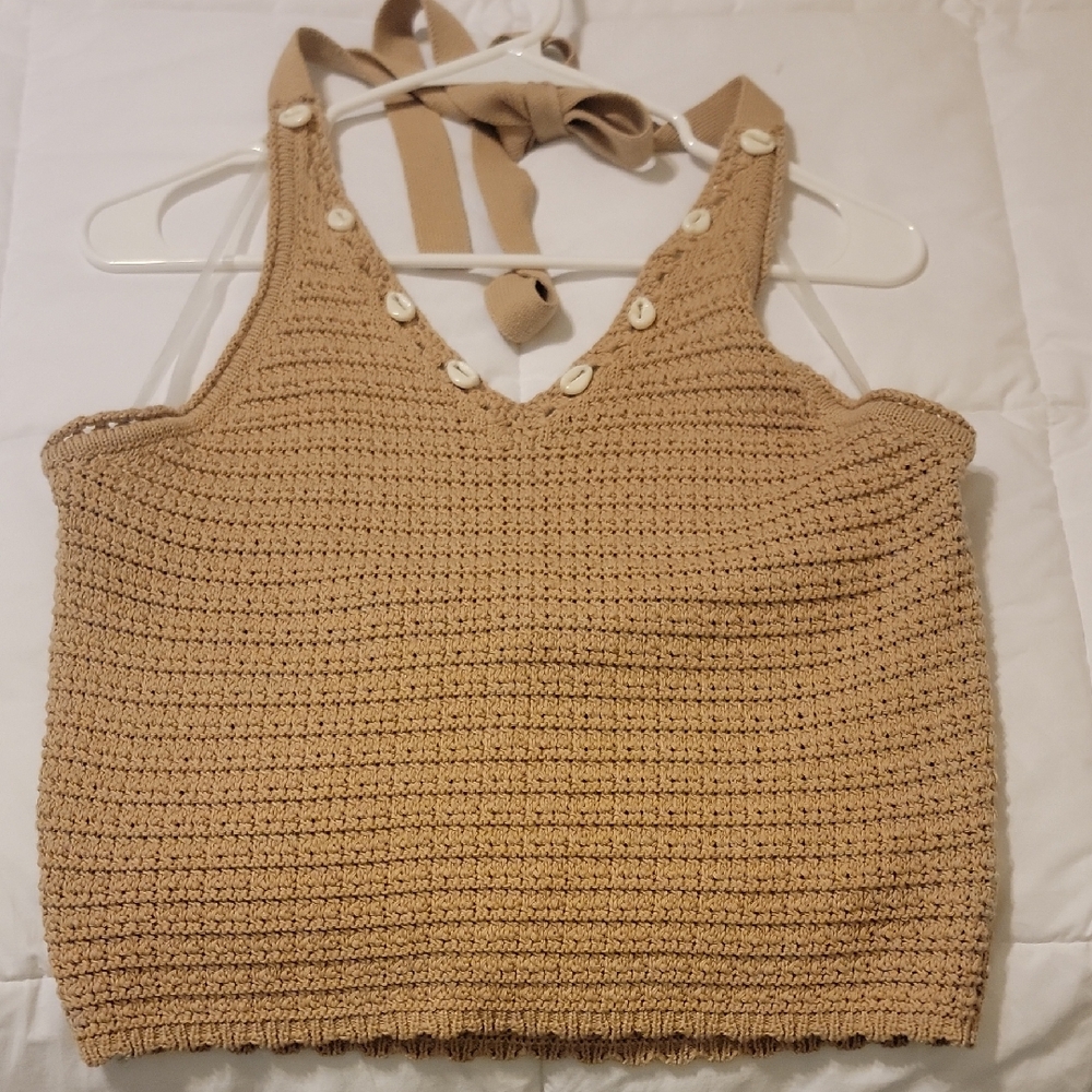 Blue Rain Tan Knit Crop Top with Button Detail